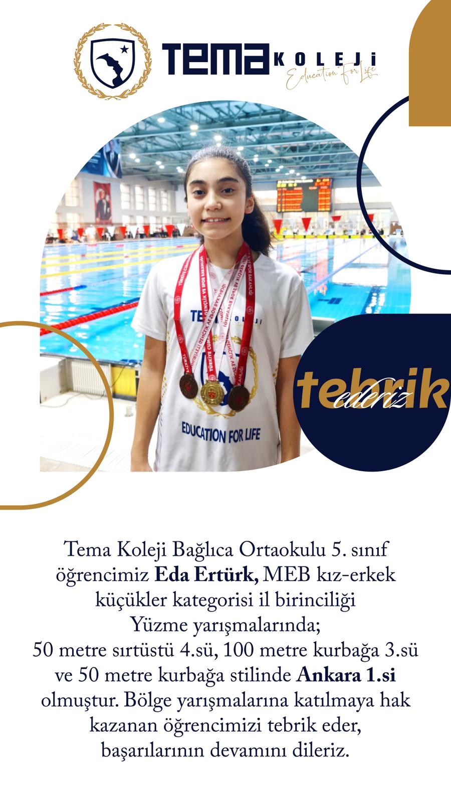 Eda Ertürk Yüzme Yarışmalarında Ankara Birincisi