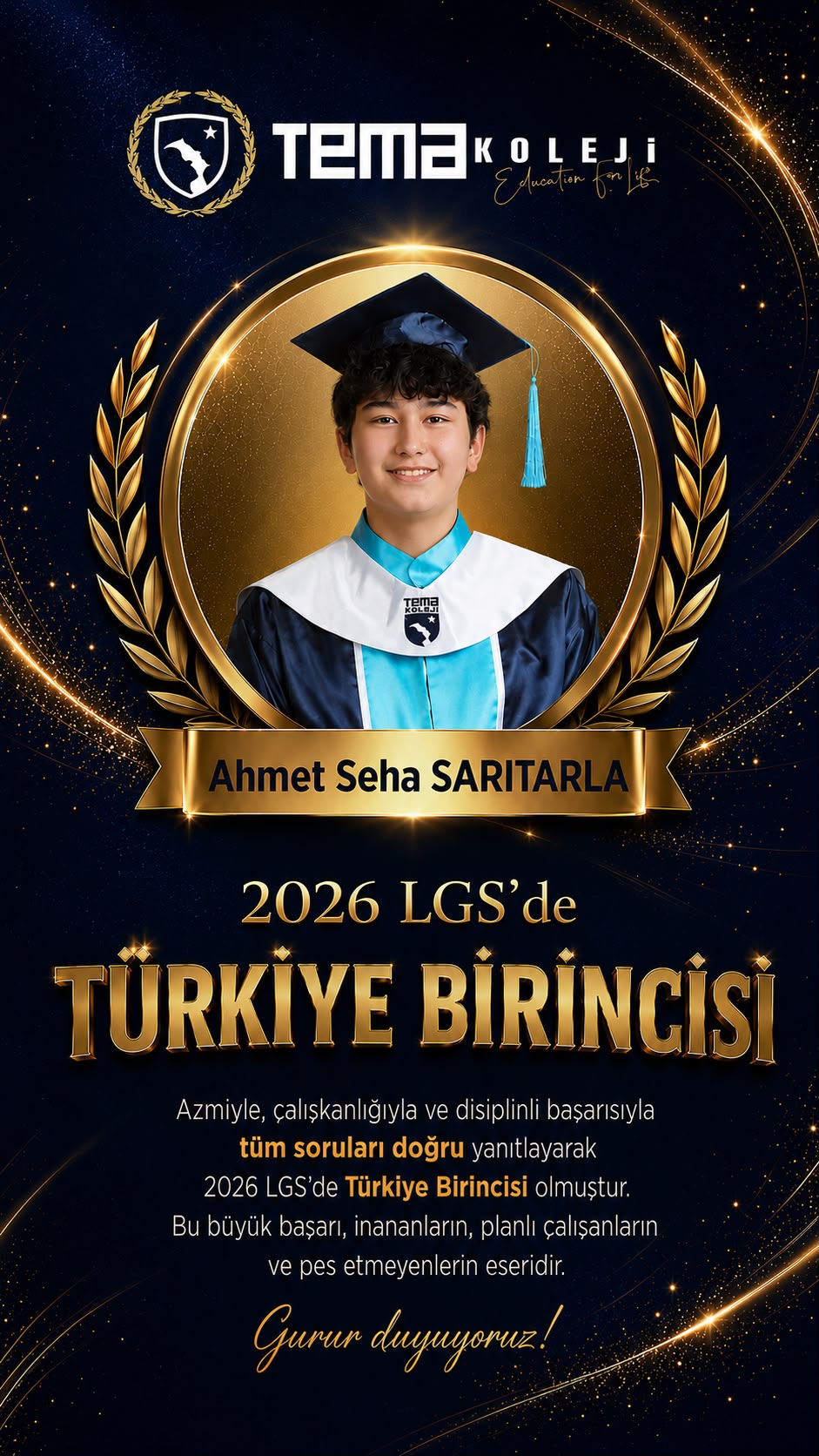 Öğrencimiz Ahmet Seha SARITARLA’yı başarısında dolayı tebrik ediyoruz.