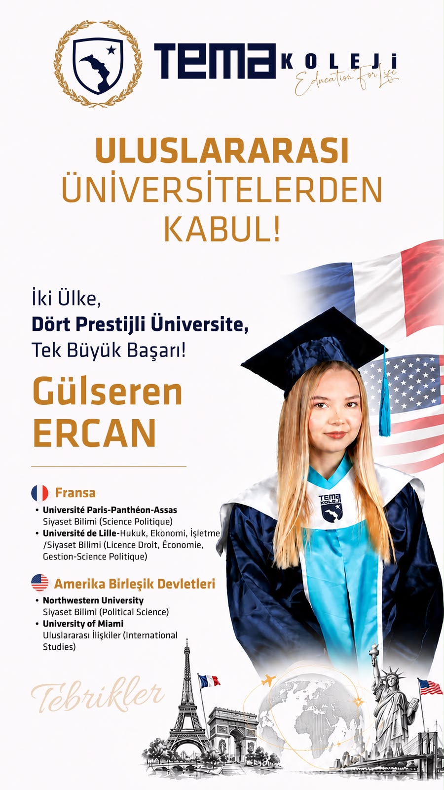 Gülseren Ercan Uluslararası Üniversite Kabulü